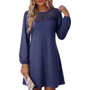 image:imageDokotoo Spring Dresses for Women 2026 Crochet Lace Neck Long Sleeve A Line Shift Dress Flowy Swing Mini DressNavy Blue