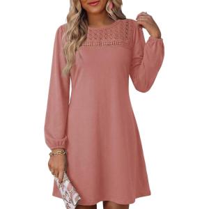 image:imageDokotoo Spring Dresses for Women 2026 Crochet Lace Neck Long Sleeve A Line Shift Dress Flowy Swing Mini DressPink