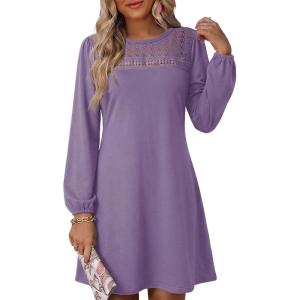 image:imageDokotoo Spring Dresses for Women 2026 Crochet Lace Neck Long Sleeve A Line Shift Dress Flowy Swing Mini DressPurple