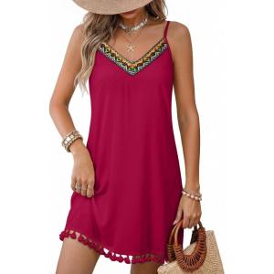 image:imageDokotoo Summer Dresses for Women 2026 Beach Vacation Sundress V Neck Embroidered Spaghetti Strap Beach Cover UpTropical Red