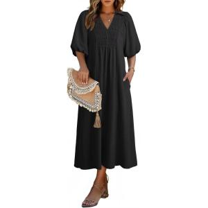 image:imageDokotoo Summer Dresses for Women 2026 Casual Dresses V Neck Puff Sleeve Empire Waist ALine Maxi DressBlack