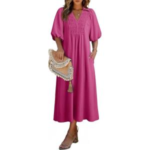 image:imageDokotoo Summer Dresses for Women 2026 Casual Dresses V Neck Puff Sleeve Empire Waist ALine Maxi DressRose Red