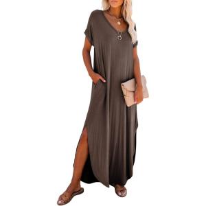 image:imageDokotoo Summer Dresses for Women 2026 Casual Maxi Dress V Neck Cap Sleeve Long Sundress with Pockets Beach VacationChicory Coffee
