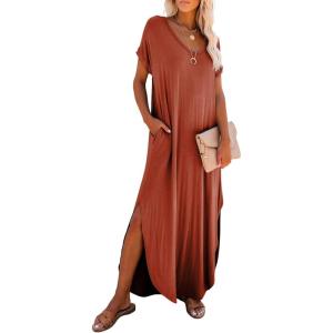 image:imageDokotoo Summer Dresses for Women 2026 Casual Maxi Dress V Neck Cap Sleeve Long Sundress with Pockets Beach VacationClay