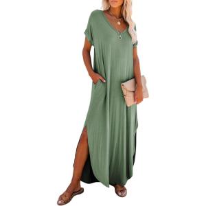 image:imageDokotoo Summer Dresses for Women 2026 Casual Maxi Dress V Neck Cap Sleeve Long Sundress with Pockets Beach VacationGrass Green