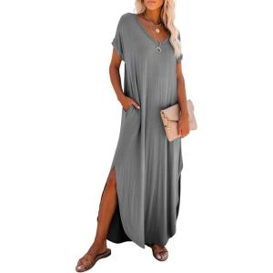 image:imageDokotoo Summer Dresses for Women 2026 Casual Maxi Dress V Neck Cap Sleeve Long Sundress with Pockets Beach VacationGray