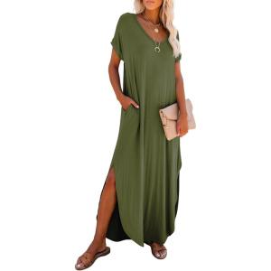 image:imageDokotoo Summer Dresses for Women 2026 Casual Maxi Dress V Neck Cap Sleeve Long Sundress with Pockets Beach VacationJungle Green