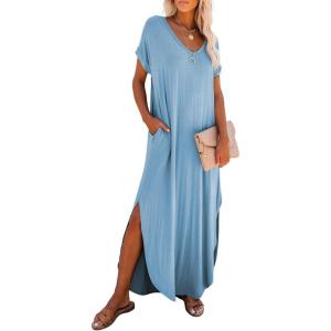 image:imageDokotoo Summer Dresses for Women 2026 Casual Maxi Dress V Neck Cap Sleeve Long Sundress with Pockets Beach VacationMist Blue