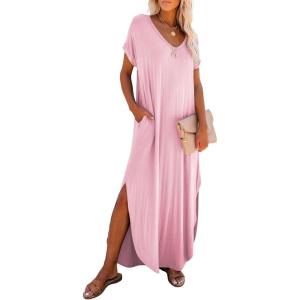image:imageDokotoo Summer Dresses for Women 2026 Casual Maxi Dress V Neck Cap Sleeve Long Sundress with Pockets Beach VacationPink