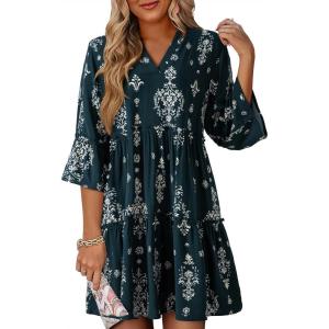 image:imageDokotoo Summer Dresses for Women 2026 Casual V Neck Babydoll Dress 34 Bell Sleeve Beach Vacation Mini DressBlue 2