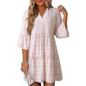 image:imageDokotoo Summer Dresses for Women 2026 Casual V Neck Babydoll Dress 34 Bell Sleeve Beach Vacation Mini DressPink