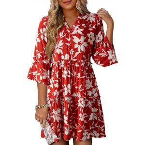 image:imageDokotoo Summer Dresses for Women 2026 Casual V Neck Babydoll Dress 34 Bell Sleeve Beach Vacation Mini DressRed