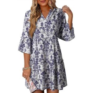 image:imageDokotoo Summer Dresses for Women 2026 Casual V Neck Babydoll Dress 34 Bell Sleeve Beach Vacation Mini DressSky Blue