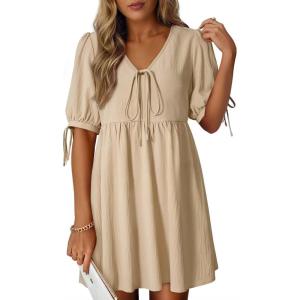 image:imageDokotoo Summer Dresses for Women 2026 Casual V Neck Bow Tie Short Sleeve Empire Waist ALine Mini DressApricot