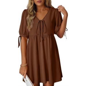 image:imageDokotoo Summer Dresses for Women 2026 Casual V Neck Bow Tie Short Sleeve Empire Waist ALine Mini DressCoffee