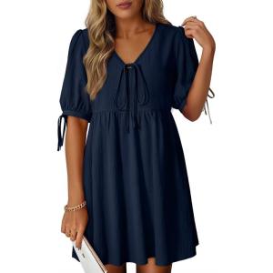 image:imageDokotoo Summer Dresses for Women 2026 Casual V Neck Bow Tie Short Sleeve Empire Waist ALine Mini DressDirty Blue