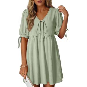 image:imageDokotoo Summer Dresses for Women 2026 Casual V Neck Bow Tie Short Sleeve Empire Waist ALine Mini DressSmoke Green