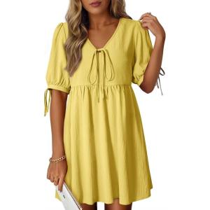 image:imageDokotoo Summer Dresses for Women 2026 Casual V Neck Bow Tie Short Sleeve Empire Waist ALine Mini DressYellow Cream