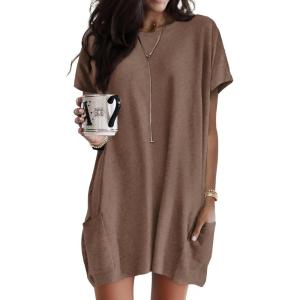 image:imageDokotoo Summer Dresses for Women 2026 Short Sleeve T Shirt Dress Loose Mini Dresses with PocketsA1 Brown