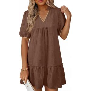image:imageDokotoo Summer Dresses for Women Casual V Neck Puff Short Sleeve Ruffled Solid Cute Babydoll Mini Dress with PocketsBrown