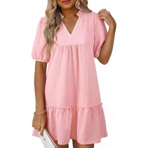 image:imageDokotoo Summer Dresses for Women Casual V Neck Puff Short Sleeve Ruffled Solid Cute Babydoll Mini Dress with PocketsPink
