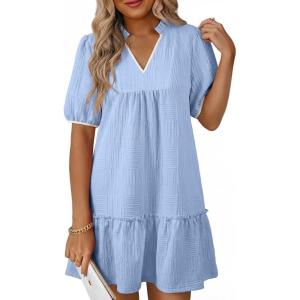 image:imageDokotoo Summer Dresses for Women Casual V Neck Puff Short Sleeve Ruffled Solid Cute Babydoll Mini Dress with PocketsSky Blue