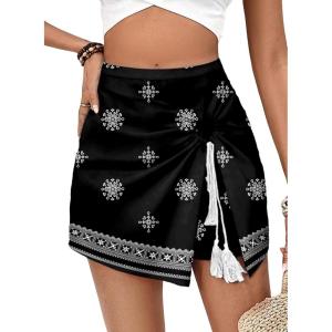 image:imageDokotoo Summer Shorts Skorts for Women Boho Floral Print Elastic Waist Asymmetrical Hem Beach Mini SkirtBlack
