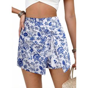 image:imageDokotoo Summer Shorts Skorts for Women Boho Floral Print Elastic Waist Asymmetrical Hem Beach Mini SkirtBlue