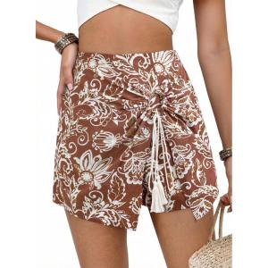 image:imageDokotoo Summer Shorts Skorts for Women Boho Floral Print Elastic Waist Asymmetrical Hem Beach Mini SkirtBrown