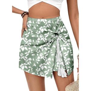 image:imageDokotoo Summer Shorts Skorts for Women Boho Floral Print Elastic Waist Asymmetrical Hem Beach Mini SkirtGreen