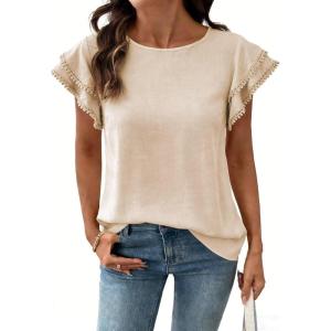 image:imageDokotoo Summer Tops for Women 2026 Casual Round Neck Ruffle Cap Sleeve Blouse Shirts Solid Color Tunic TopsApricot