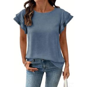 image:imageDokotoo Summer Tops for Women 2026 Casual Round Neck Ruffle Cap Sleeve Blouse Shirts Solid Color Tunic TopsAshleigh Blue