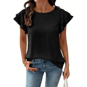 image:imageDokotoo Summer Tops for Women 2026 Casual Round Neck Ruffle Cap Sleeve Blouse Shirts Solid Color Tunic TopsBlack