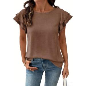 image:imageDokotoo Summer Tops for Women 2026 Casual Round Neck Ruffle Cap Sleeve Blouse Shirts Solid Color Tunic TopsCoffee