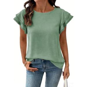 image:imageDokotoo Summer Tops for Women 2026 Casual Round Neck Ruffle Cap Sleeve Blouse Shirts Solid Color Tunic TopsSmoke Green