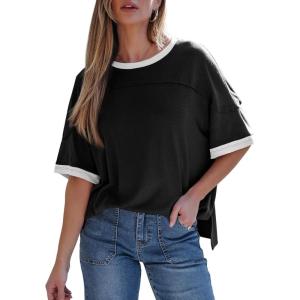 image:imageDokotoo Summer Tops for Women 2026 Loose Oversized T Shirts Crewneck Color Block Side Slits Basic Tee BlousesBlack
