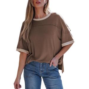 image:imageDokotoo Summer Tops for Women 2026 Loose Oversized T Shirts Crewneck Color Block Side Slits Basic Tee BlousesCoffee