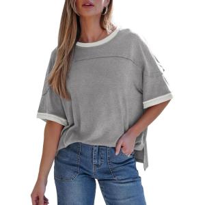 image:imageDokotoo Summer Tops for Women 2026 Loose Oversized T Shirts Crewneck Color Block Side Slits Basic Tee BlousesGray