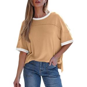 image:imageDokotoo Summer Tops for Women 2026 Loose Oversized T Shirts Crewneck Color Block Side Slits Basic Tee BlousesGrey