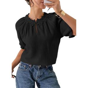 image:imageDokotoo Summer Tops for Women Casual Puff Short Sleeve Shirts Lace Crewneck Solid Floral Embroidered BlousesBlack