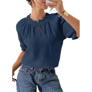 image:imageDokotoo Summer Tops for Women Casual Puff Short Sleeve Shirts Lace Crewneck Solid Floral Embroidered BlousesDark Blue