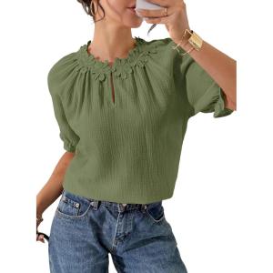 image:imageDokotoo Summer Tops for Women Casual Puff Short Sleeve Shirts Lace Crewneck Solid Floral Embroidered BlousesGreen