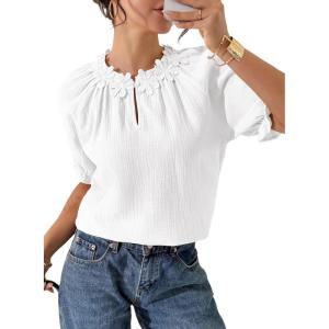 image:imageDokotoo Summer Tops for Women Casual Puff Short Sleeve Shirts Lace Crewneck Solid Floral Embroidered BlousesWhite