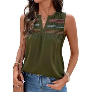 image:imageDokotoo Summer Womens Tank Tops Casual Smocked V Neck Sleeveless T Shirts Loose Cute Babydoll TunicGreen