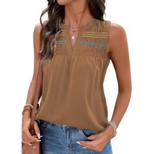 image:imageDokotoo Summer Womens Tank Tops Casual Smocked V Neck Sleeveless T Shirts Loose Cute Babydoll TunicKhaki