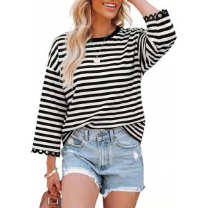 image:imageDokotoo Sweatshirt for Women Long Sleeve Striped Oversized Sweatshirts Casual Crewneck Pullover Top 2026 Summer OutfitsBlack Stripe