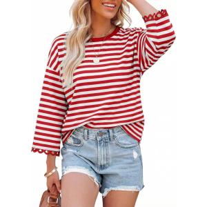 image:imageDokotoo Sweatshirt for Women Long Sleeve Striped Oversized Sweatshirts Casual Crewneck Pullover Top 2026 Summer OutfitsRed Stripe