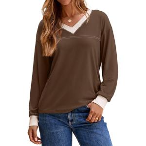 image:imageDokotoo V Neck T Shirts for Women Spring Fashion 2026 Business Casual Top Basic Tees Dressy BlousesBrown