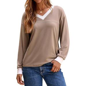 image:imageDokotoo V Neck T Shirts for Women Spring Fashion 2026 Business Casual Top Basic Tees Dressy BlousesPale Khaki