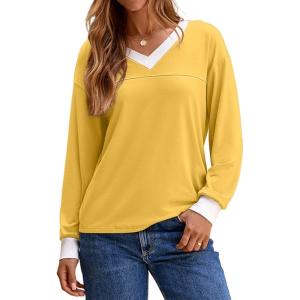 image:imageDokotoo V Neck T Shirts for Women Spring Fashion 2026 Business Casual Top Basic Tees Dressy BlousesYellow